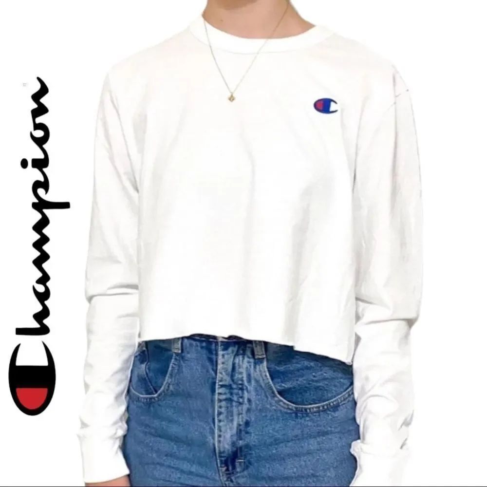 NEW Champion Women's L/S Boyfriend White Cropped Tee Shirt T-Shirt XL